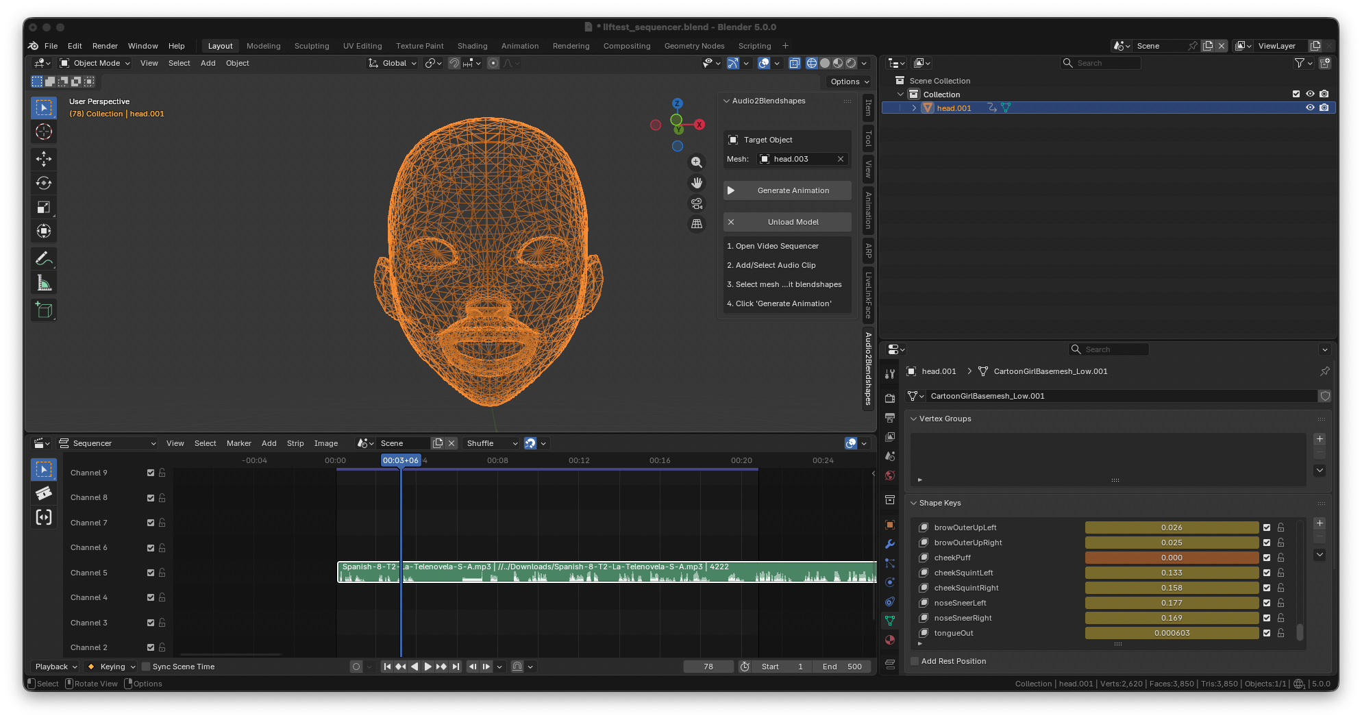 Blender Audio2Blendshapes Add-On screenshot